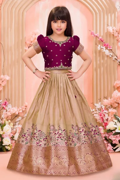 Maroon with Beige Sequins, Beads, Mirror and Zari work Lehenga Choli